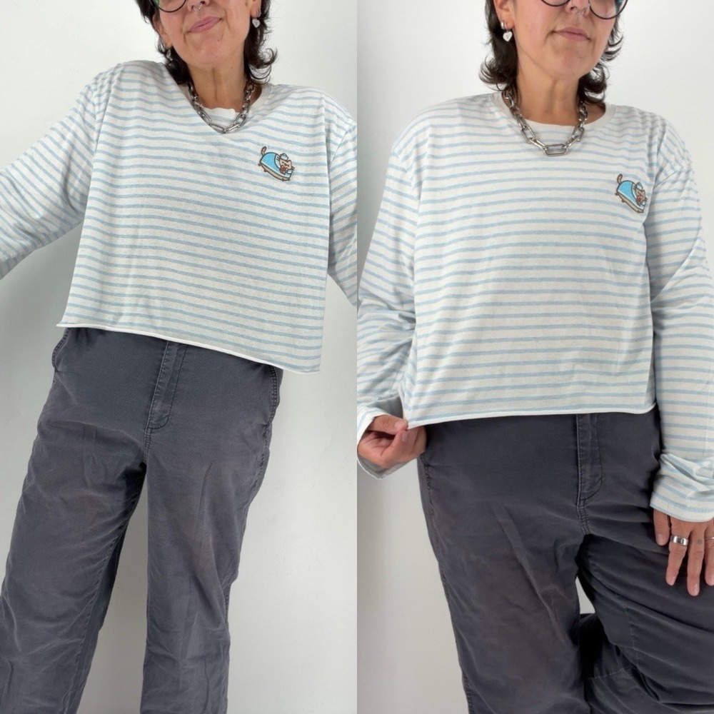 Pusheen womens boxy crop long sleeve shirt 2XL stripe cat embroidery sailor top